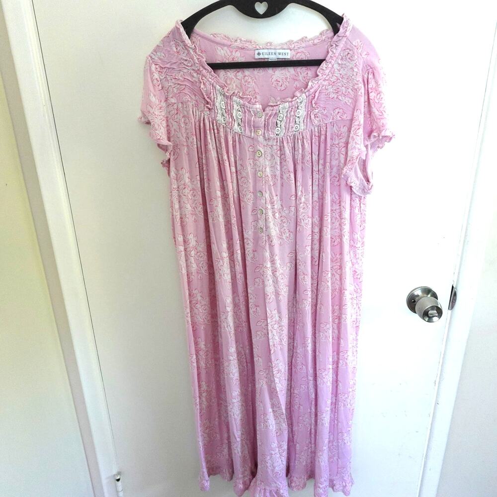 Eileen West Pink Floral Nightgown Modal Jersey Knit Womens M Cottagecore